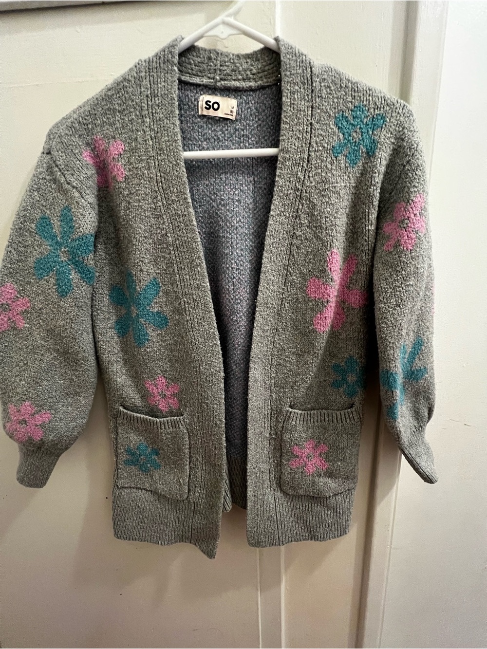 SO Kids Gray Floral Knit Cardigan with Pink & Teal Flowers